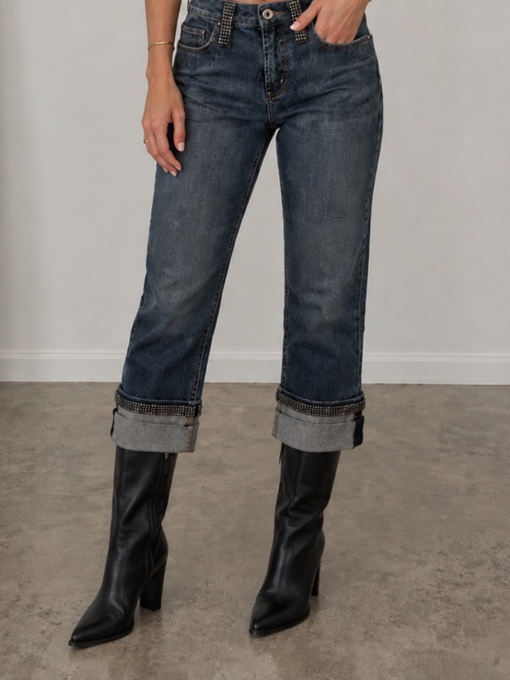 X2 Denim Laboratory Crop Double Cuffed Bootcut  Rhinestone Jeans Size 31 - Picture 10 of 10